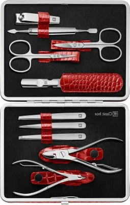 Produktbild von Manicureset 10-teilig Klassik Inox Pedicure - Rot Leder Zaum