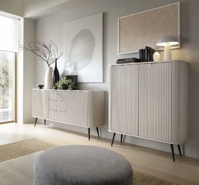 Produktbild von Wohnzimmer-set ZOVA 2 Kommode KSZ-168 mit Schubladen Kommode K-103 mit runden Ecken mit geriffelte Fronte Cashmere/ Kaschmir mit Schwarze Füße