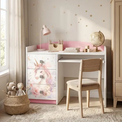 Produktbild von Schreibtisch Rosa für Kinder mit Motiv, Jugendschreibtisch Schülerschreibtisch mit viel Stauraum, PC-Tisch Lerntisch für Mädchen, KI-generiertes Bild