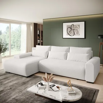 Obrázek produktu pro BEAUTYSOFA | Rohová pohovka BENNY L s funkcí rozkládání a úložným prostorem, látka Bouckle v krémové barvě – podnožka vlevo – moderní čalouněná pohovka