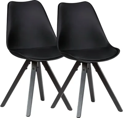 Produktbild von 2er Set Retro Esszimmerstuhl Schwarz mit Schwarzen Beinen | Polsterstuhl Skandinavisch Rückenlehne | Küchenstuhl Kunstleder gepolstert