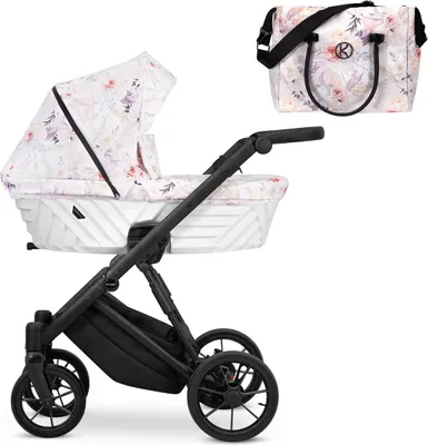 Image de Kunert IVENTO 2in1 Poussette en blanc avec cadre noir et fleurs délicates