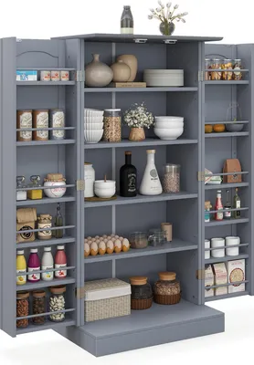 A gray pantry cabinet filled with various food items and kitchenware.