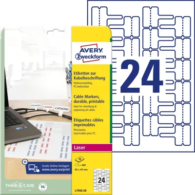 Produktbild von Avery Zweckform L7950-20 Etiketten zur Kabelbeschriftung, 60 x 40 mm, 20 Bogen/480 Etiketten, weiß