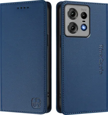 A blue flip wallet case for a smartphone, shown from the front and back.