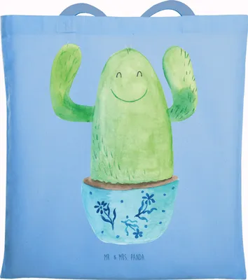 Produktbild von Mr. & Mrs. Panda Beutel Kaktus Happy - Sky Blue - Geschenk, Mutter, Einkaufstasche, Jutetasche, Tragetasche, Kakteen, Neustart, Büro, Ausbildung, Büchertasche, Familie