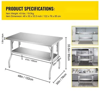 Zdjęcie produktu dla Komercyjny składany stół roboczy ''FlexiPrep'' - Dwuwarstwowy stół kuchenny ze stali nierdzewnej - 48 x 30 cali - Udźwig 772 funtów - Srebrna wyspa kuchenna