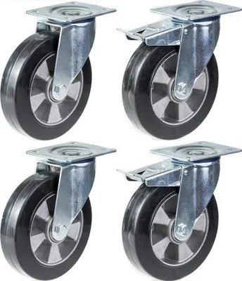 Obrázok produktu pre 200 mm 8" kolieska s čiernou gumou, otočné a s brzdou, silná nosnosť 1400 kg, sada 4 ks