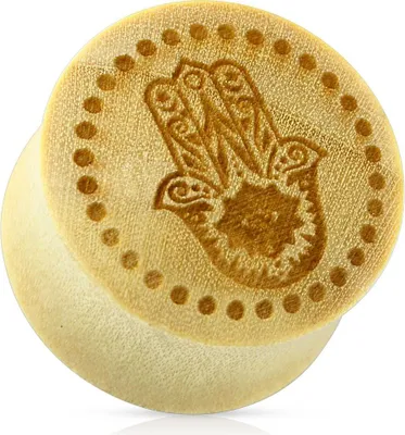 Produktbild von Holz Plug Ohr Piercing Fatimas Hand Hamsa Saddle Fit Organic Autiga® braun 10 mm