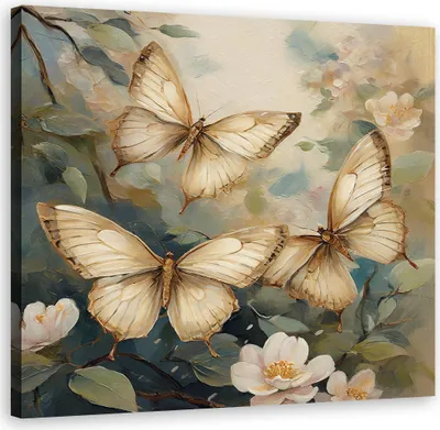 Produktbild von Leinwandbild Schmetterling Blumen Zweige 50x50 Feeby Beige bild für die wand bereit zum aufhängen