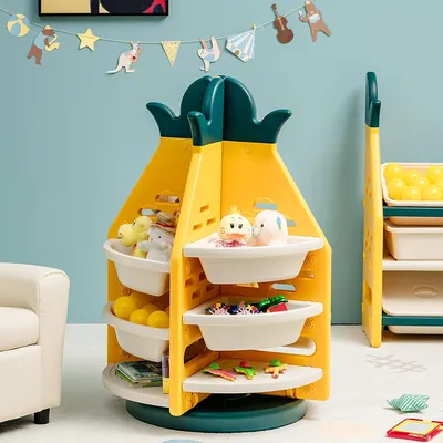 Produktbild von COSTWAY Kinder Spielzeugregal drehbar, Kinderzimmerregal mit 8 Kunststof Aufbewahrungsboxen in Ananasform, 3 Ebenen Spielzeugaufbewahrung 74 x 74 x 106 cm