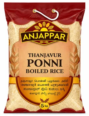 Zdjęcie produktu dla Ryż parboiled Ponni Anjappar Thanjavur Ponni Boiled Rice 5kg - sypki jędrny, Obraz wygenerowany przez AI