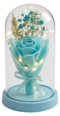 Kunstblumen in Glaskuppel, rosa-himmelblau, mit LED, 1 Stück
