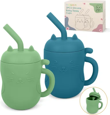 Immagine prodotto di Bicchieri per bambini piccoli, da 6 a 12 mesi, 2-in-1: silicone con cannuccia e tazza aperta, senza BPA