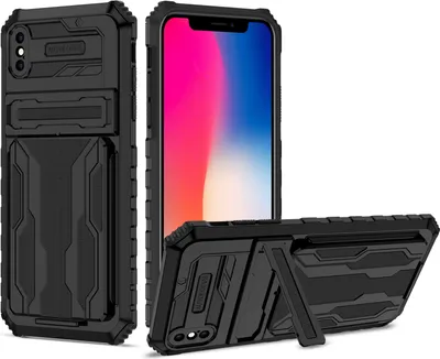 Produktbild von iPhone XS Max Hülle, Hybrid Robust Schutz Stoßfest Schutzhülle mit Kartenhalter Ständer für iPhone XS Max Schwarz