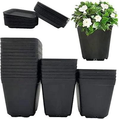Zdjęcie produktu dla Donice kwadratowe, 7 cm, plastikowe, 24 sztuki, czarne, z podstawką, do sukulentów, ziół, do użytku wewnątrz i na zewnątrz