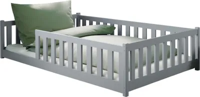 Produktbild von Kinderbett Bodenbett 120x200 cm mit Rausfallschutz & Lattenrost Montessori Bett Bed Gitterbett Kinder Jugendbett Einzelbett | Aschgrau