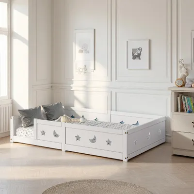 Obrázek produktu pro Postel INONEFT, spodní rám 90x200 cm, dětská postel s ochranou proti vypadnutí, rám s motivem hvězd a měsíců, postel pro batolata, Montessori postel, bez matrace, bílá
