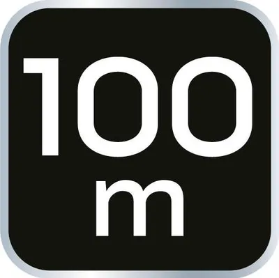 A graphic displaying the text "100 m" on a black background with a rounded silver border.