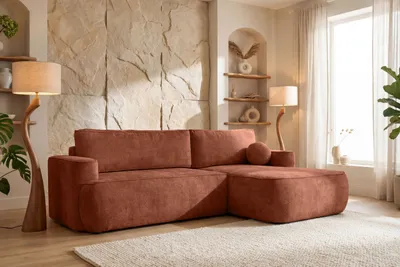 Produktbild von Ecksofa mit Schlaffunktion & Bettkasten – Skandi Schlafsofa in L-Form – 4-Sitzer Eckcouch, Freistehend – Liegefläche 220 × 140 cm – Rückenkissen & Zierkissen inkl. – Chenille Terakotta – Rechts