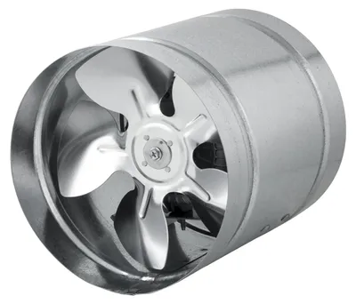 A close-up, studio shot of an industrial inline duct fan.
