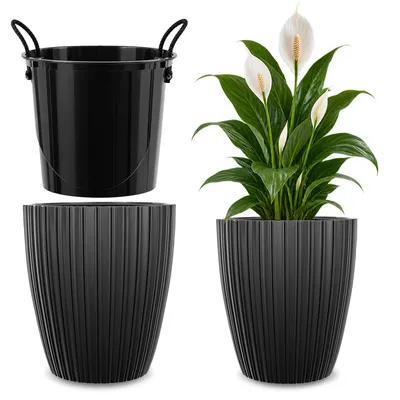 Produktbild von KADAX Übertopf Ø 47 cm mit Inneneinsatz, Runder Pflanztopf, Blumentopf aus Kunststoff, Pflanzentopf für Innen und Außenbereich, Blumenübertopf (Anthrazit)