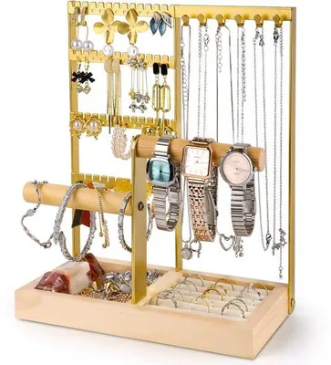 Produktbild von Armband- und Schmuckhalter, Schmuckbaum mit Aufbewahrungsbasis, Schmuckaufbewahrung, Schmuckbaum für Armbänder, Ohrschmuck, Ketten, Ringe, Gold, 22,5 x 12 x 28 cm