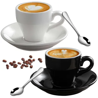 Productafbeelding van Espressokopjes set, 2 stuks, 80 ml, dikwandig porselein, met schoteltjes en roestvrijstalen lepeltjes