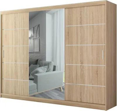 Produktbild von Masseno Schiebetürenschrank PORTIANO 196/245/56,5 cm 3-türig Schlafzimmer Schrank Kleiderschrank mit Spiegel Sonoma Eiche