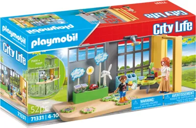 The image shows the packaging of a Playmobil City Life set, depicting a modern building with figures and accessories related to environmental themes.
