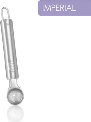 A product shot of a metal melon baller on a white background with a marketing text overlay.