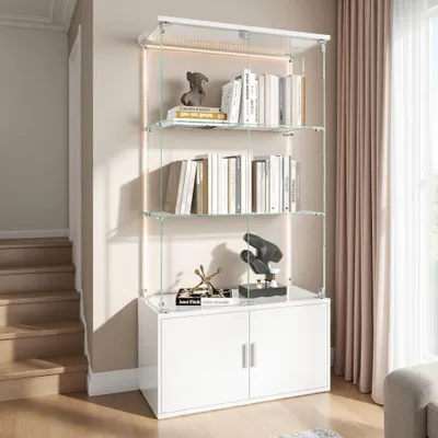 Image de Vitrine en verre UnboxG avec éclairage LED, 3 niveaux, blanche, armoire d'exposition en verre / vitrine de rangement pour salon ou salle à manger, 30,9 × 35 × 164 cm
