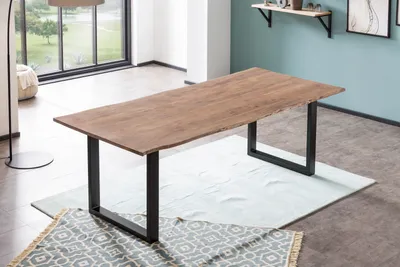 Produktbild von Esstisch Baumkante massiv 240 x 100 cm Akazie stone U-Gestell schwarz LAURINA