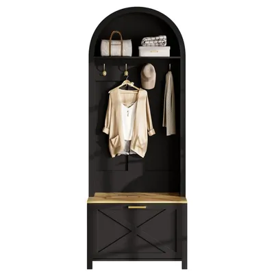 A black arched hall tree with a wooden bench and drawer, featuring hooks for hanging clothes and items on a shelf.
