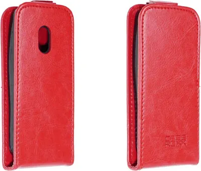 Two views of a red flip cover case for a smartphone, presented against a white background.