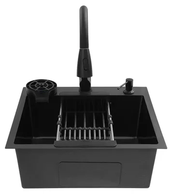 Produktbild von Küchenspülen-Set, Ausziehbarer Wasserhahn, Becherreiniger, Schwarz