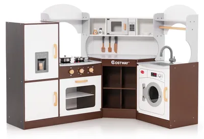 Productafbeelding van Speelkeuken voor kinderen, met licht en geluid. Kinderspeelkeuken met spoelbak, ijsmachine, oven en kookgerei. Houten speelkeuken, geschikt voor kinderen vanaf [kleur: bruin]
