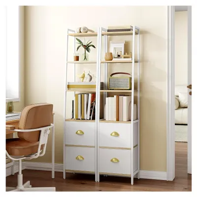 Produktbild von Bücherregal, schmales Regal mit 6 Ebenen und 2 klappbaren Stoffschubladen, Leiterregal, Standregal, Büroregal, für Schlafzimmer, Wohnzimmer, Büro, 30 x 40 x 171,6 cm, Weißeiche und Weiß