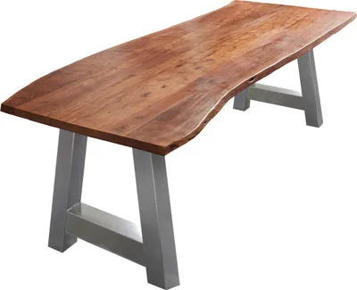 Produktbild von Esstisch Baumkante massiv Akazie Nussbaum 180 x 90 A-Gestell silber ATHEN