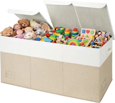 Immagine prodotto di Contenitore di stoccaggio 96 x 33 x 40 cm, con coperchio, organizer per giocattoli in tessuto, color kaki, per la cameretta dei bambini