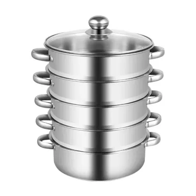 Produktbild von 5-stöckiger Edelstahl-Dampfgarer, 26 cm, mit 4 Dämpfeinsätzen, Glasdeckel, großes Fassungsvermögen, silberfarben