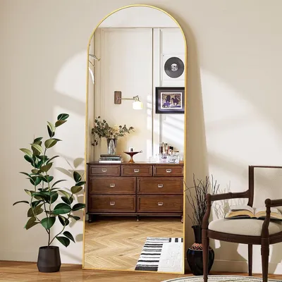 Produktbild von INONEFT Ganzkörperspiegel 180 × 80 cm, Schminkspiegel mit Metallständer, HD Standspiegel mit Aluminiumrahmen, gehärtetes Glas, gewölbt, gold