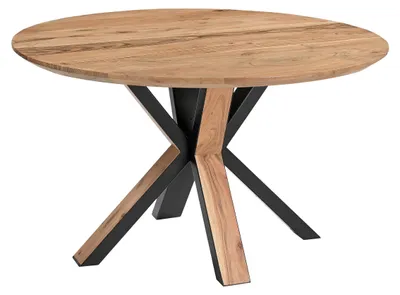 Produktbild von Esstisch rund 120 cm, KIMBERLY, Akazienholz massiv natur, Schweizer Kante, Metall- Holzgestell, Industrial Design
