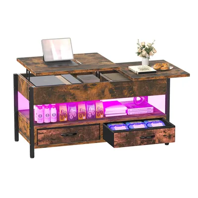 Produktbild von YITAHOME Höhenverstellbar Couchtisch Wohnzimmertisch Beistelltisch mit 2 Schubladen LED-Beleuchtung, 106 x50x51,5cm, Braun