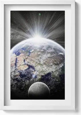 Produktbild von Ansicht der Erde und des Mondes– Wandbild mit Rahmen – Gerahmtes Bild  – Wanddekoration – 40x60 cm – Weiß