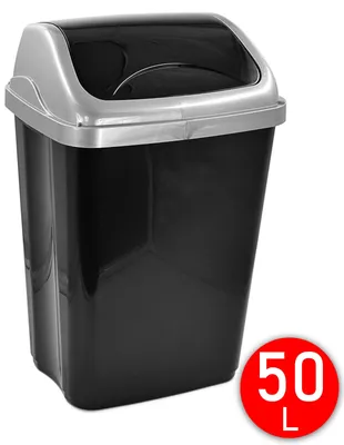 A black trash can with a silver lid is shown against a white background.