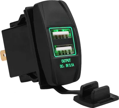 Obrázek produktu pro Vodotěsný 12-24 V 3,1 A, dva porty USB, nabíječka do auta, napájecí zdroj se zelenou LED diodou