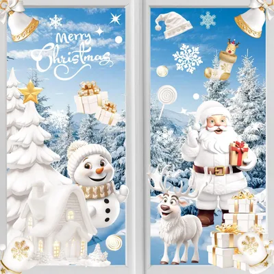 Imagen del producto de Decoración navideña para ventanas, 190 adhesivos tridimensionales para ventanas, con motivos de copos de nieve y casas, ideales para