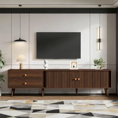 Immagine prodotto di Mobile TV da 180 cm, pensile per televisori da 80 pollici, mobile TV in legno noce scuro realizzato in MDF con due cassetti e due ante a ribalta, ideale per il soggiorno