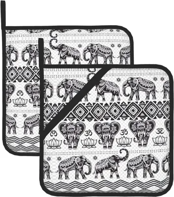 Produktbild von Topflappen-Set mit böhmischem Elefantenmuster, 2-teilig, hitzebeständig für Kochen, Backen, Grillen und die Mikrowelle